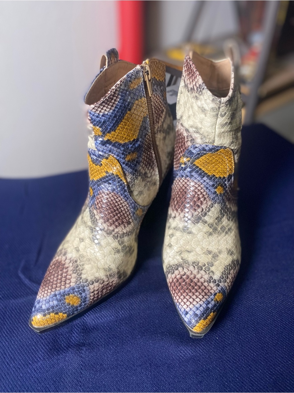 Snake-Print Pointed Toe Ankle Boots in Multicolor
